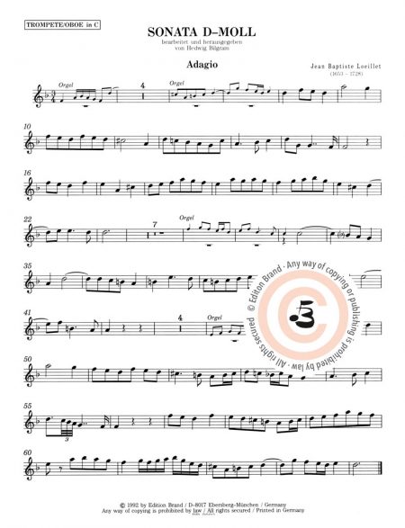 Jean Baptiste Loeillet<br>Sonata d-Moll op. 3 Nr. 12  für Trompete und Orgel – Bild 3